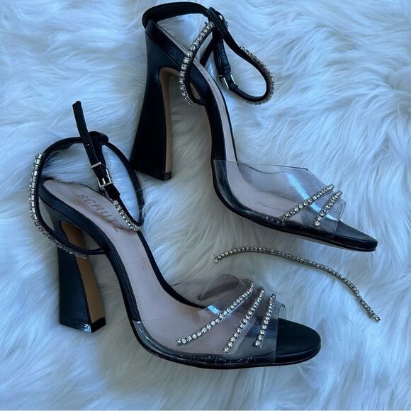 Schutz Sandal Heels Rowenah Black Crystal Embellishment Size 7.5 Rhinestone - Picture 3 of 13